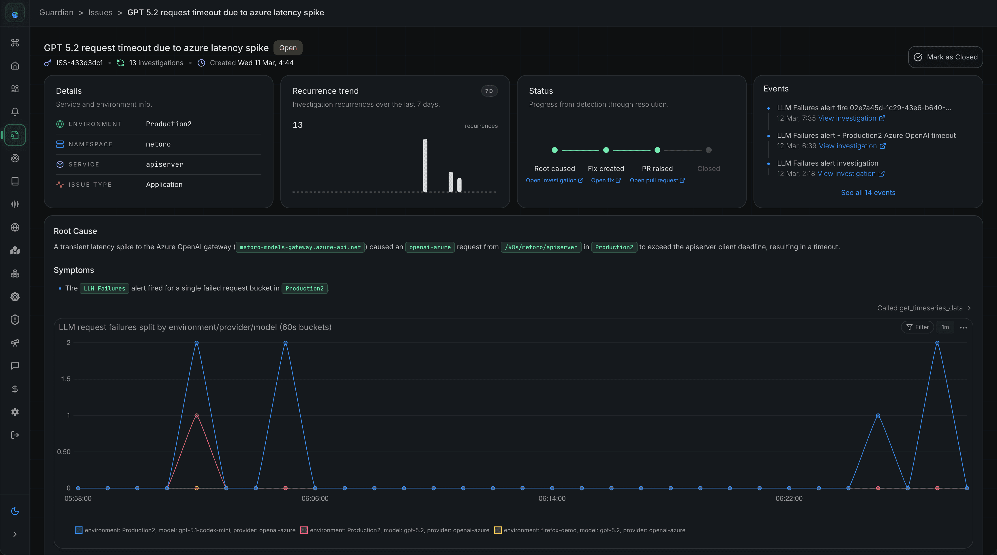 Metoro Kubernetes dashboard overview with service health, deployments, and AI SRE investigations