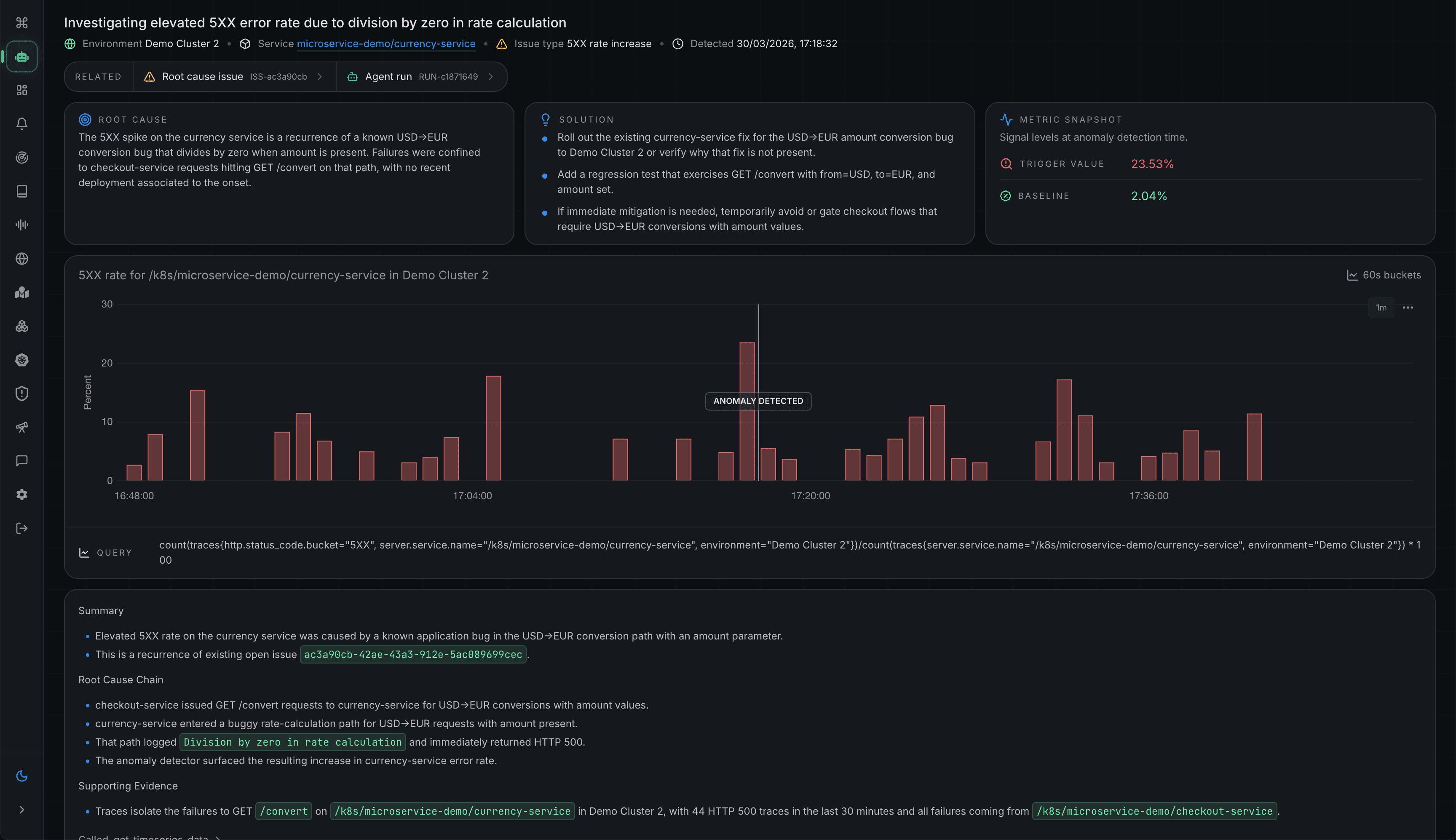 Metoro AI root cause analysis investigation screenshot